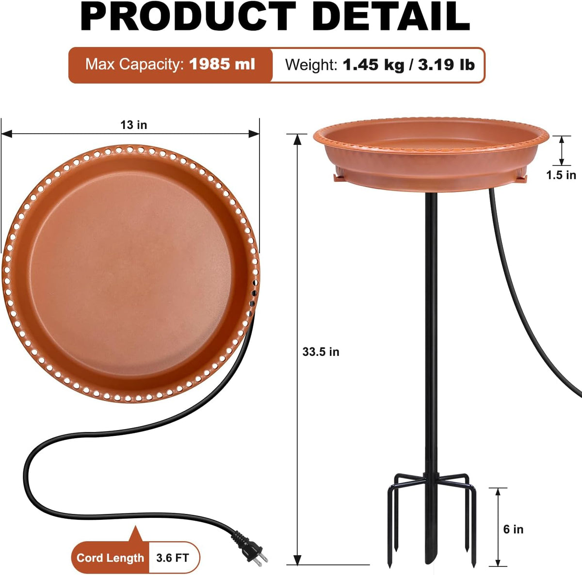 Heated Bird Bath, Stable 5-Prong Metal Base Thermostat Control Weather Resistance All Seasons Available 75W Heated