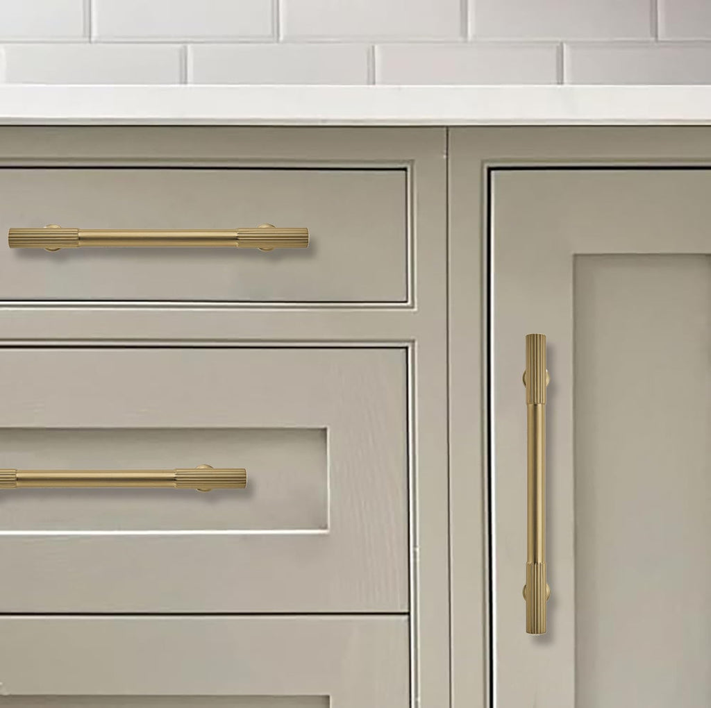 5 Inch Hole Center 5 Pack Brushed Brass Heavy Duty Solid Warm Brass Cabinet Pulls, Kitchen Drawer Handles