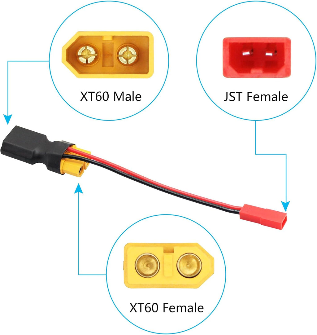 2Pair XT60 Connector Adapter with JST Plug 3", 20AWG Cable Gold Plated Plug