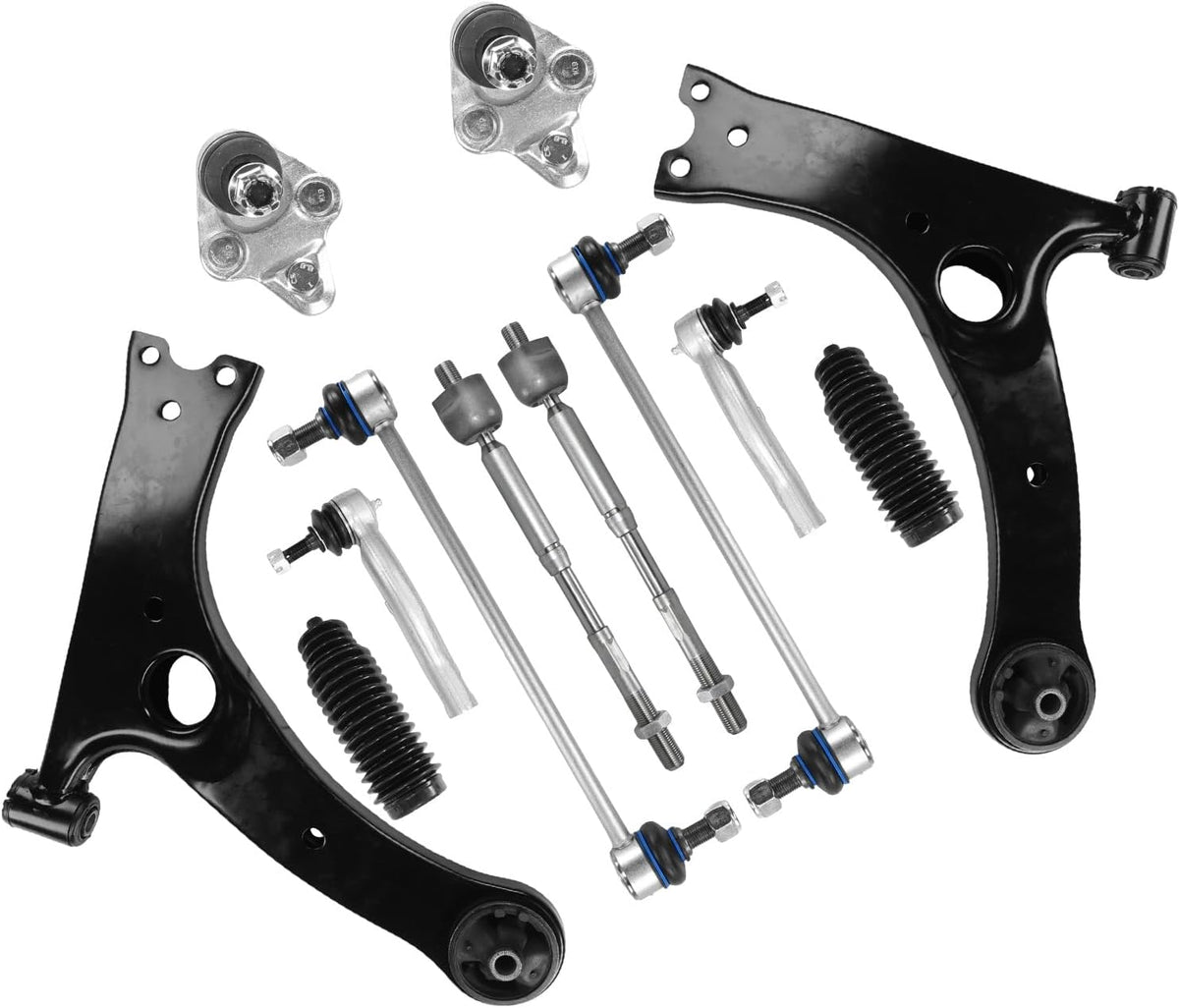 Control Arm, 12 Pcs Suspension Kit Front Lower Ball Joint Sway Bar Stabilizer Link Outer & Inner Tie Rod Bellows Replacement For Toyota Corolla 2003-2008