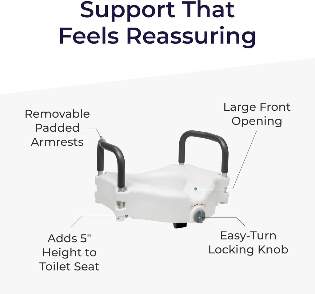 2-in-1 Raised Toilet Seat with Removable Padded Arms - Elevated Bathroom Safety Support - Secure Locking Attachment