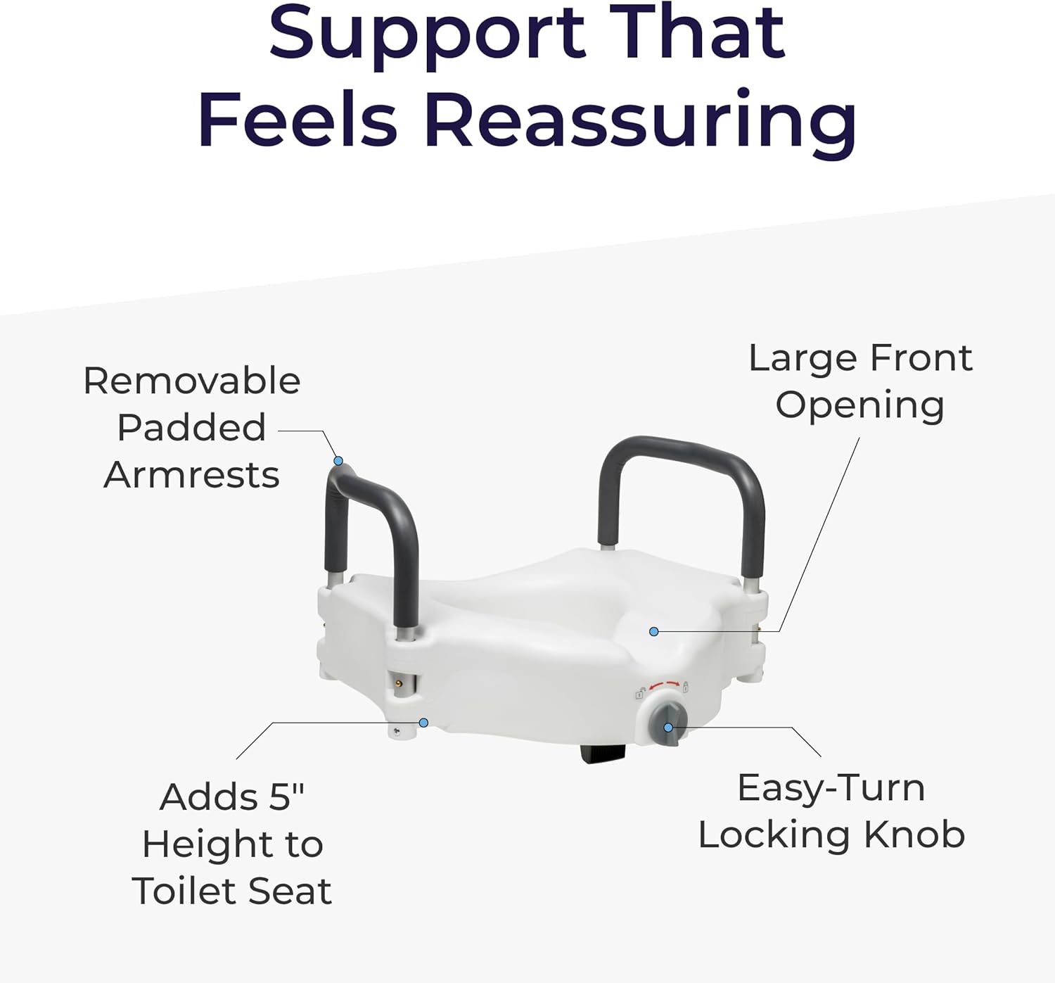 2-in-1 Raised Toilet Seat with Removable Padded Arms - Elevated Bathroom Safety Support - Secure Locking Attachment