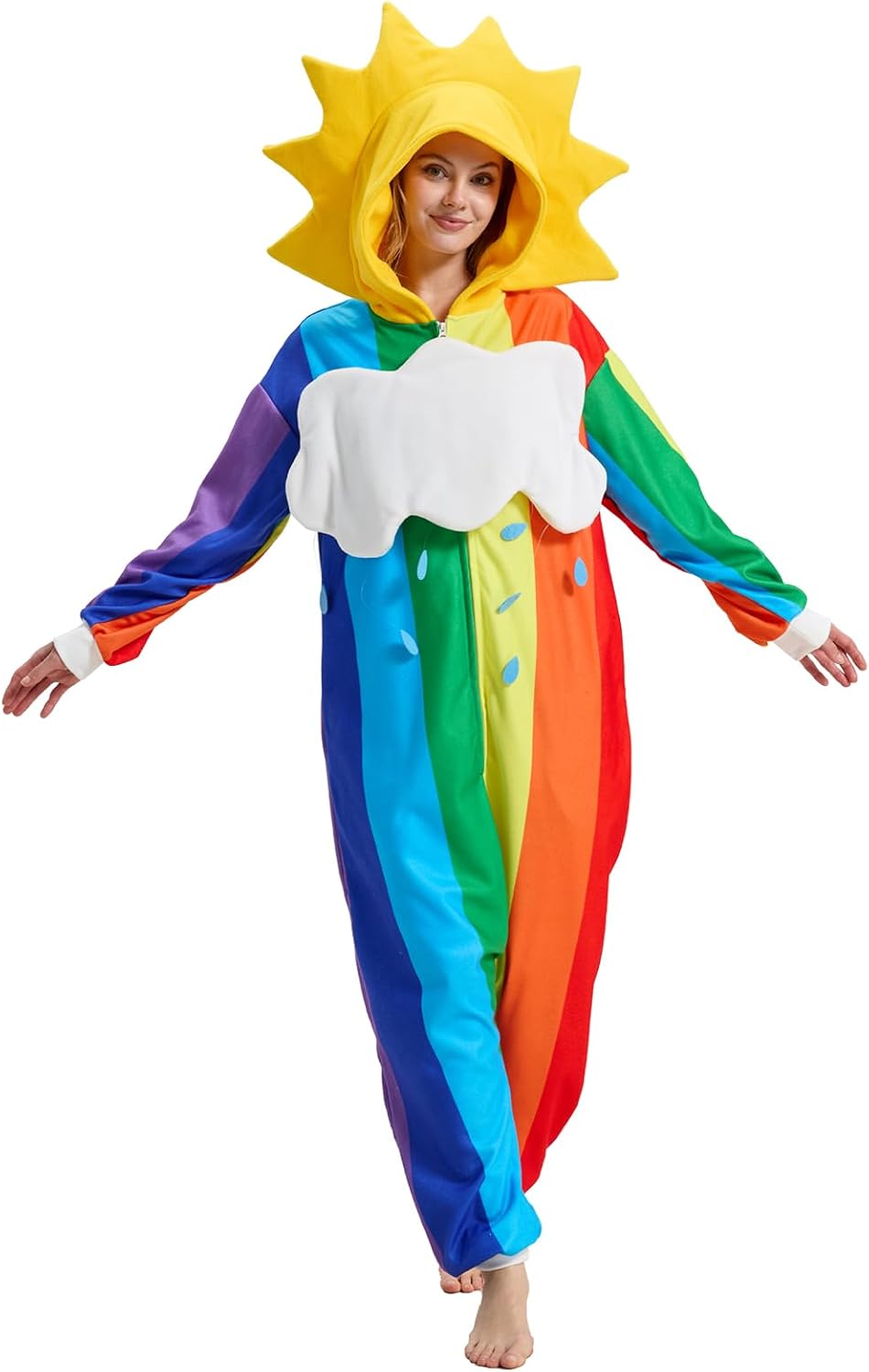 Rainbow Onesie Pajamas with Sun-Shaped Hood,Detachable Cloud, Colorful Halloween Costume Jumpsuit for Adults