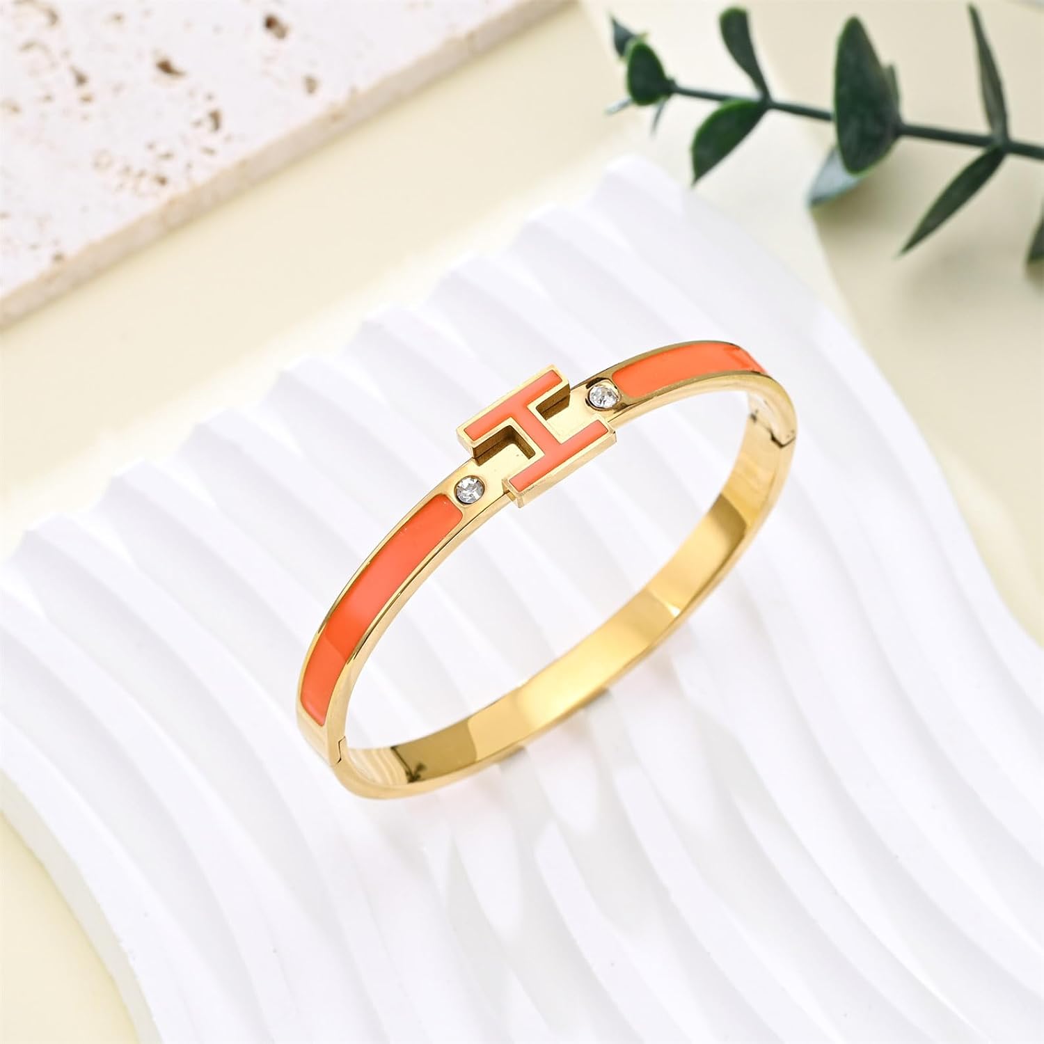 H Bangle Bracelet for Women - 18K Gold Plated Stainless Steel Enamel Bracelet - Fashion H Letter Jewelry - Elegant