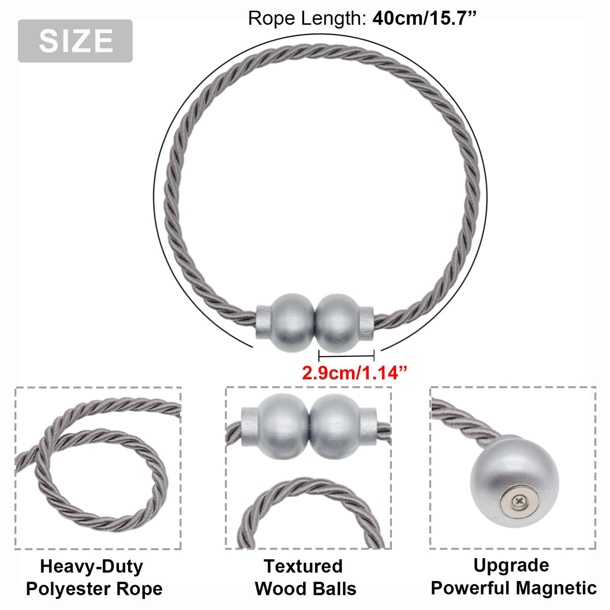2Pcs Magnetic Curtain Tiebacks Modern Handmade Rope Curtain Tie Backs Grey