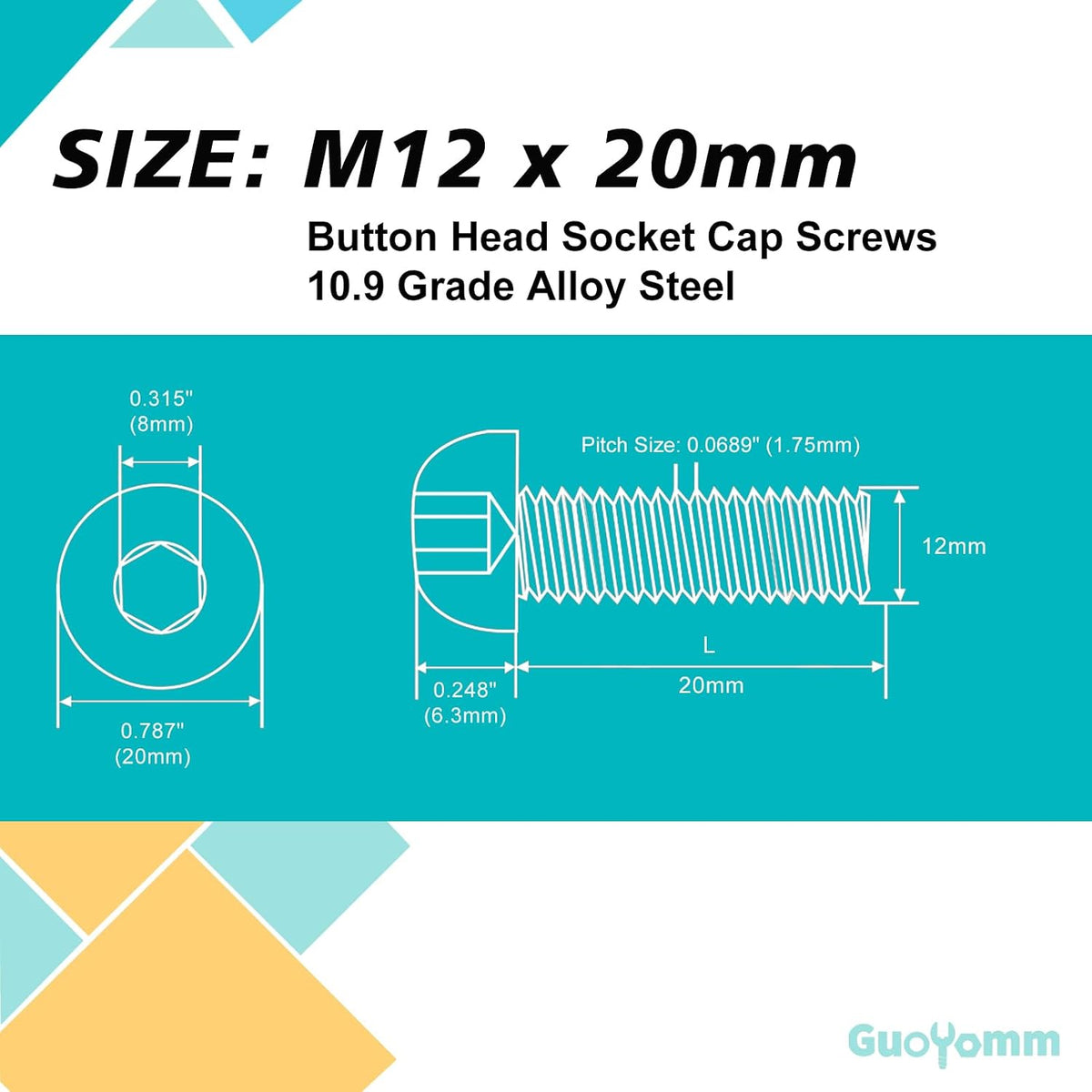 M12-1.75 x 20mm 6pcs Button Head Socket Cap Screws, M12 x 1.75 Bolts, 10.9 Grade Alloy Steel, Black Oxide Finish, Metric Allen Drive, Full Thread