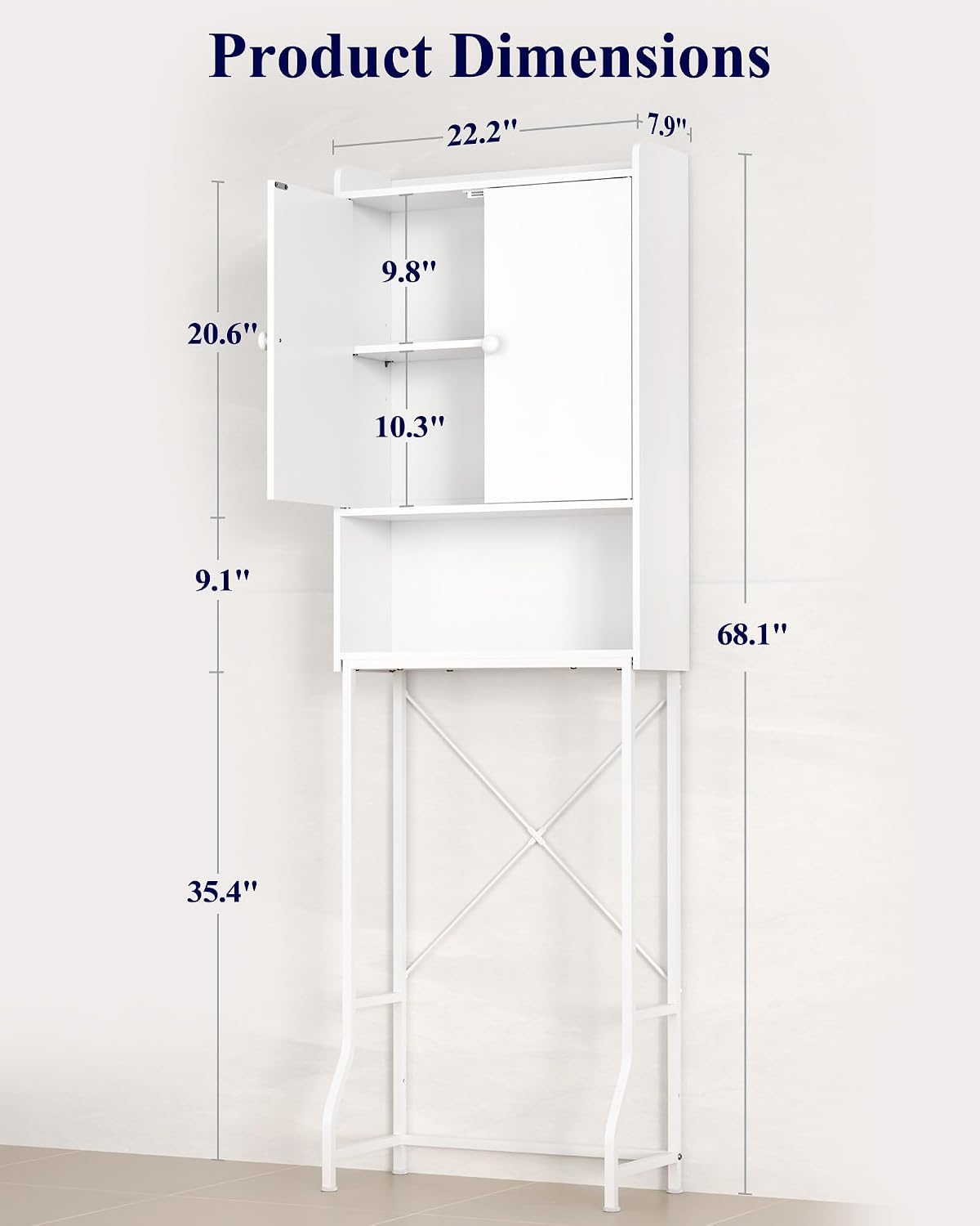 68.1"H Over Toilet Storage Cabinet, Magnetic Door, Adjustable Shelf | Bathroom, Laundry Room, Small Spaces, Families