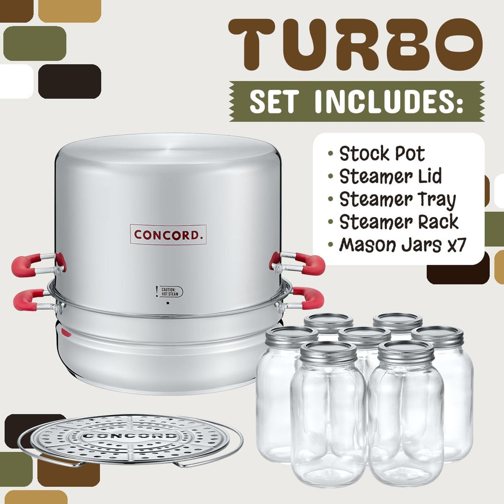 Stainless Steel Turbo Steam Canner Canning Steamer Pot Set. Includes Canning Rack and Mason Jars (Induction Compatible).