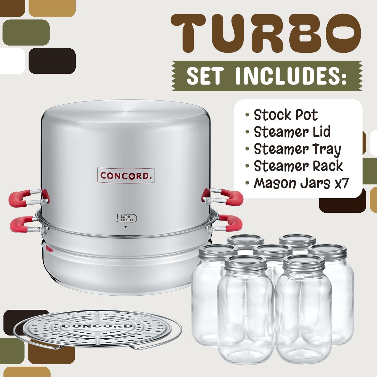 Stainless Steel Turbo Steam Canner Canning Steamer Pot Set. Includes Canning Rack and Mason Jars (Induction Compatible).