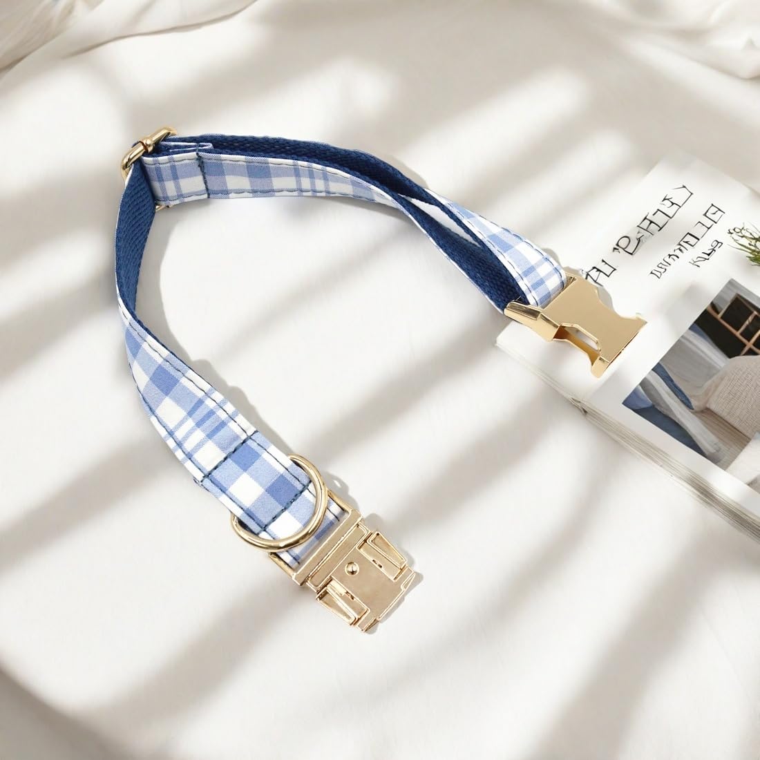 PETDURO Personalized Dog Collar Navy Blue Plaid for Large Medium Dogs