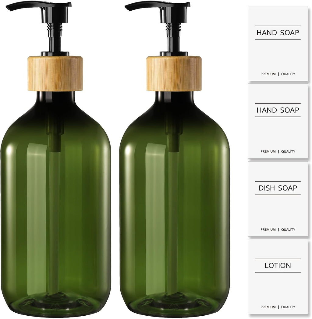 Green Soap Dispenser, Plastic Bathroom Soap and Lotion Dispenser Set with Bamboo Pump, 2 Pack 17 Fl Oz Hand and Dish