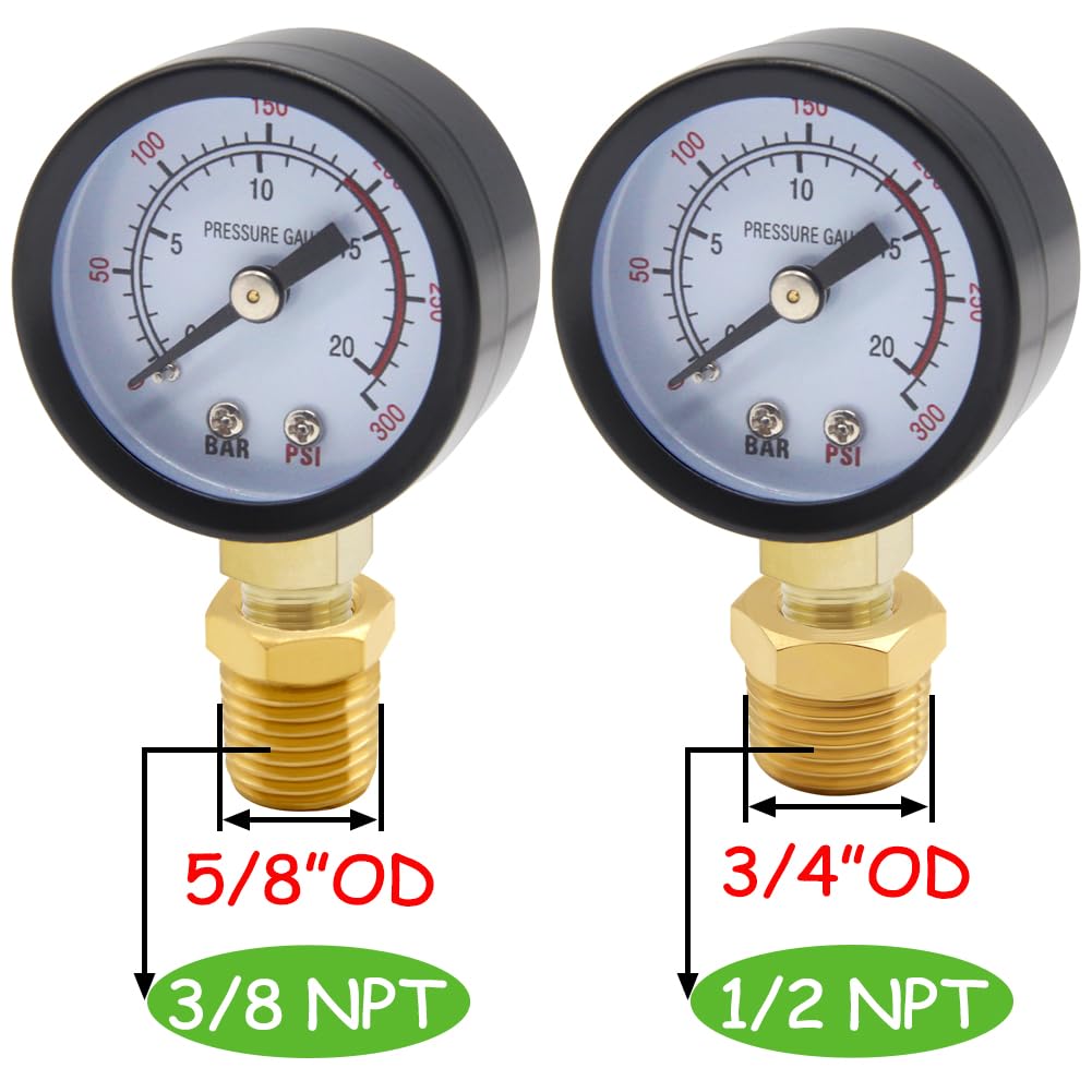 Uenede 0-300PSI Pressure Gauge 1/8" NPT Brass Bottom Mount with Bushing