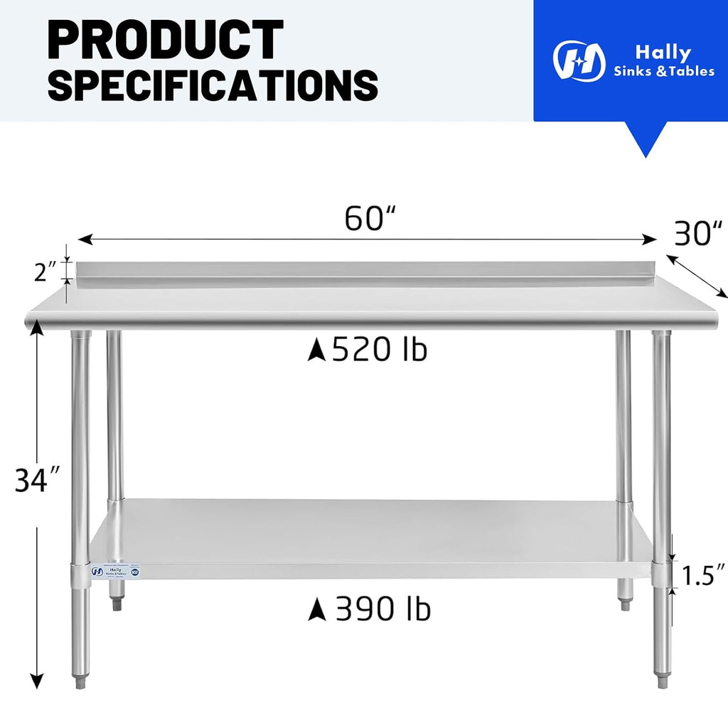 Hally Stainless Steel Table for Prep & Work 30" x 60" with Backsplash NSF