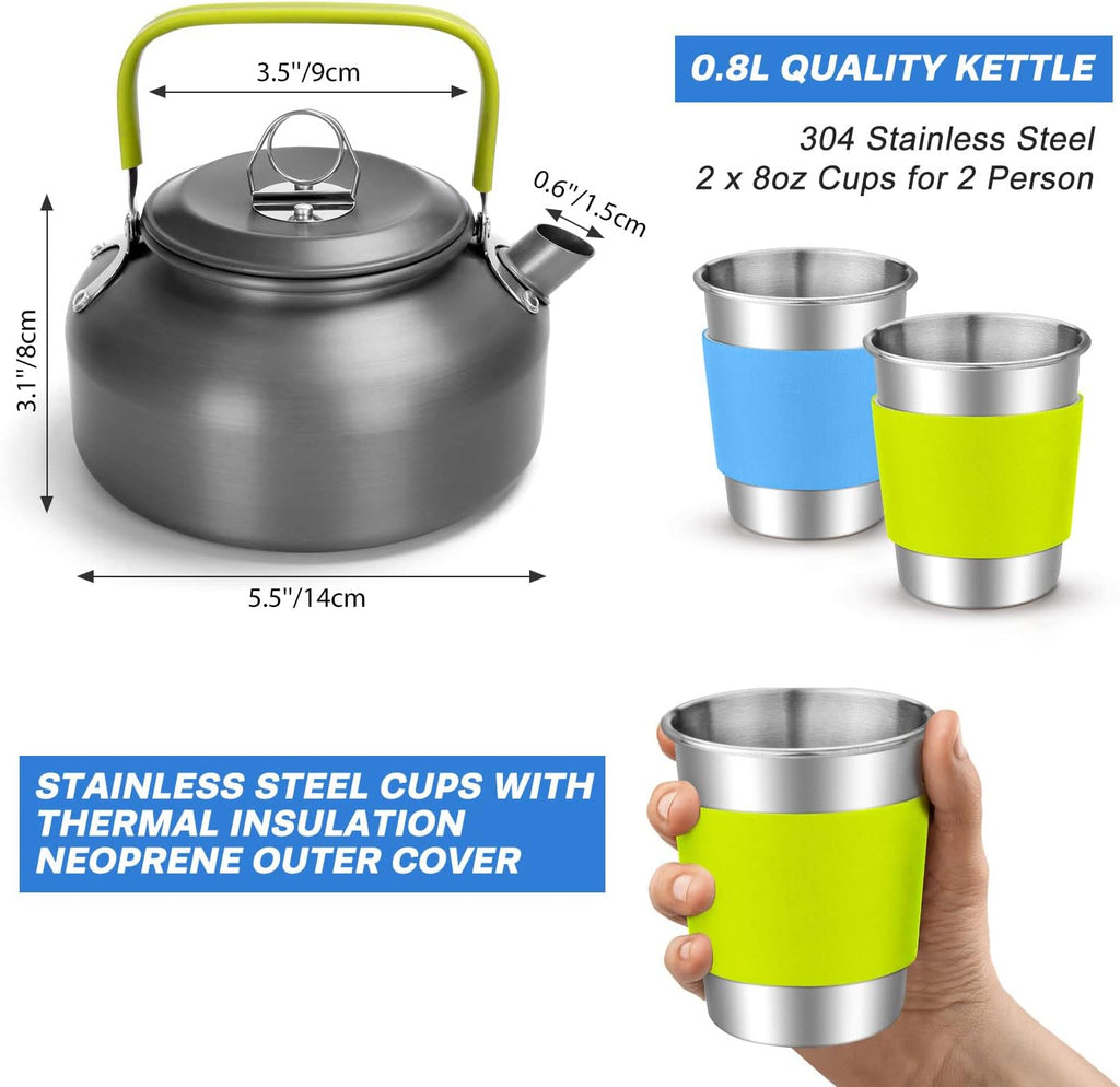 15pcs Camping Cookware Mess Kit, 1.9L Pot, for Camping, Backpacking | Anodized aluminum, for hiking, outdoor cooking