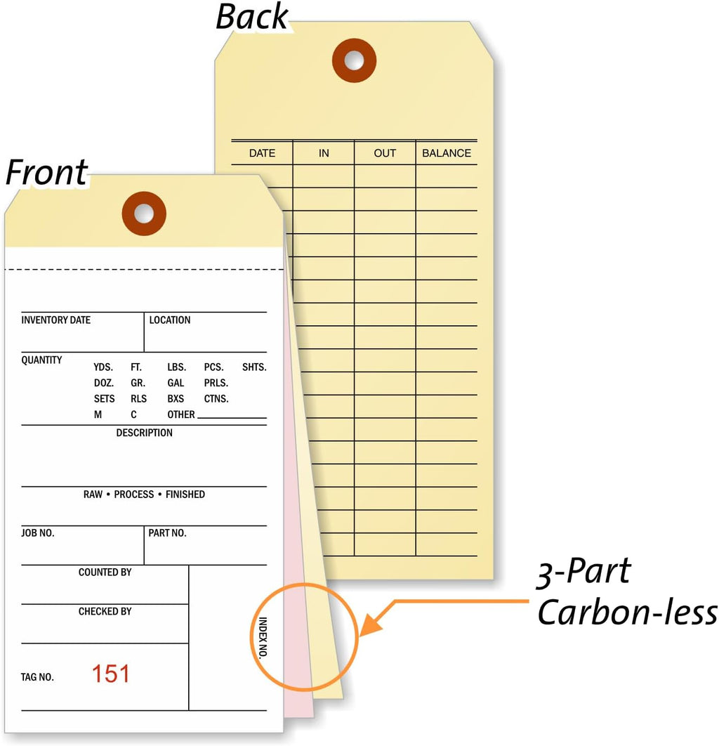 500/Pack 3-Part NCR Tags - 6.25" x 3.125", 10-Point Manila Tags with Two 60# NCR Papers, Sequentially Pre-Numbered