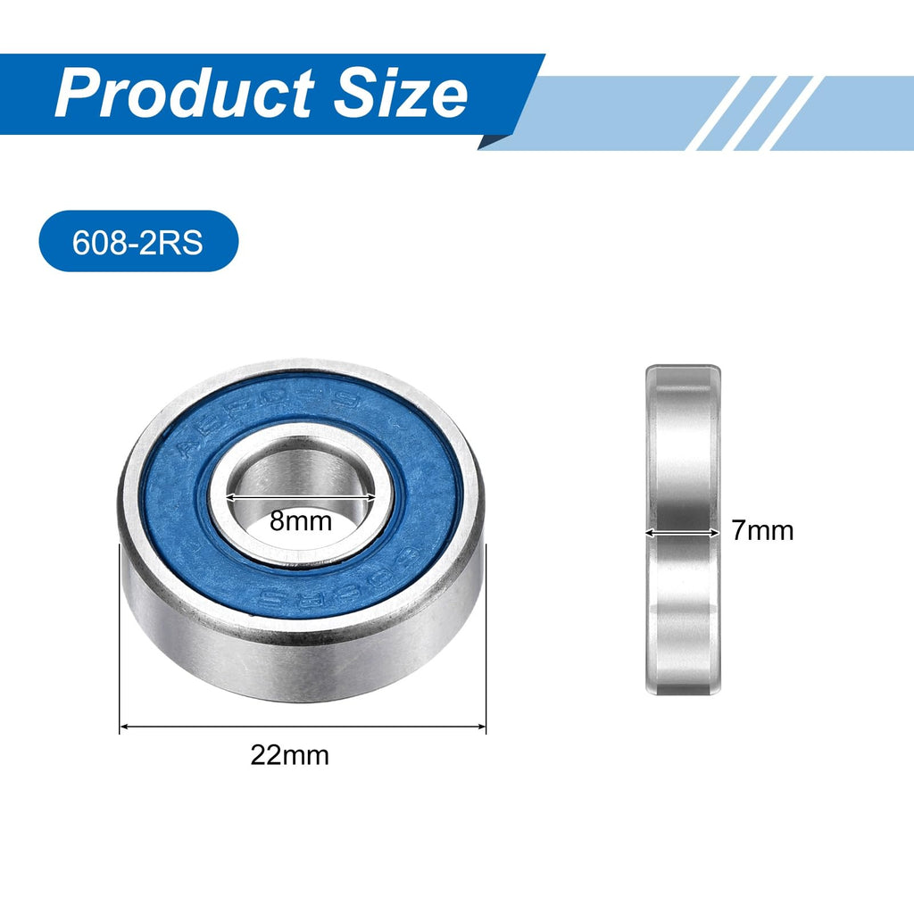 uxcell 5 Pcs 608-2RS Micro Bearings, 8x22x7mm Chrome Steel, ABEC7