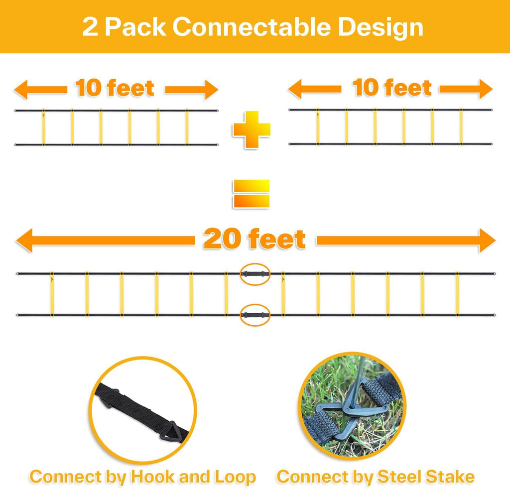 Agility Ladder Speed Training Set 12 Rungs 20ft Detachable Exercise Ladders in 2pcs (6 rungs Each) with Ground Stakes