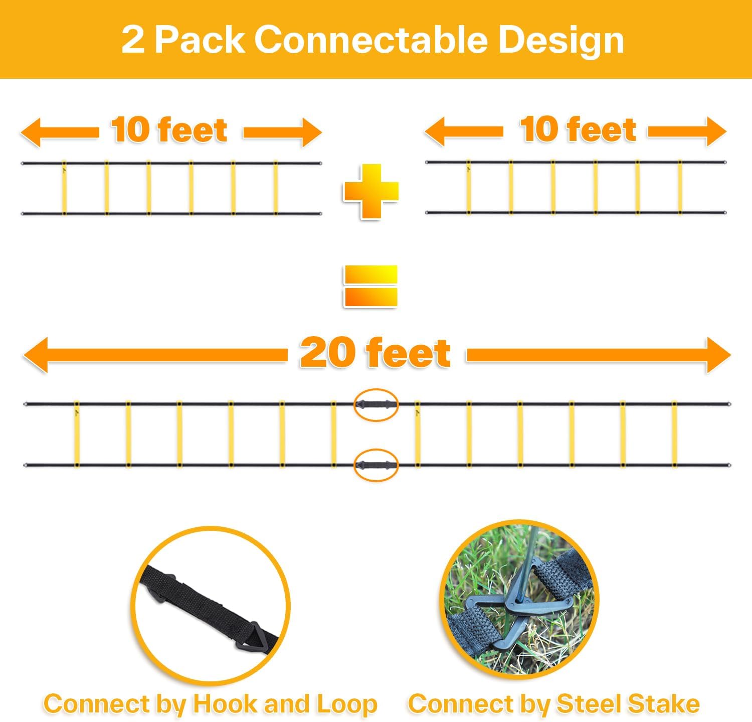 Agility Ladder Speed Training Set 12 Rungs 20ft Detachable Exercise Ladders in 2pcs (6 rungs Each) with Ground Stakes