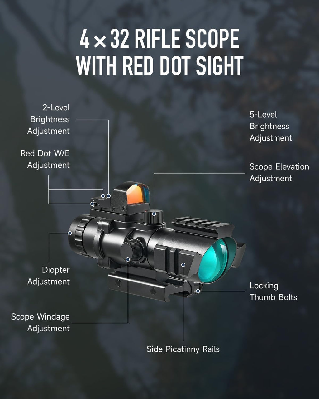 4x32 Rifle Scope with Red Dot Sight Combo, Tactical Red Illuminated Prism Scope with 5 Brightness Levels 3 MOA Red