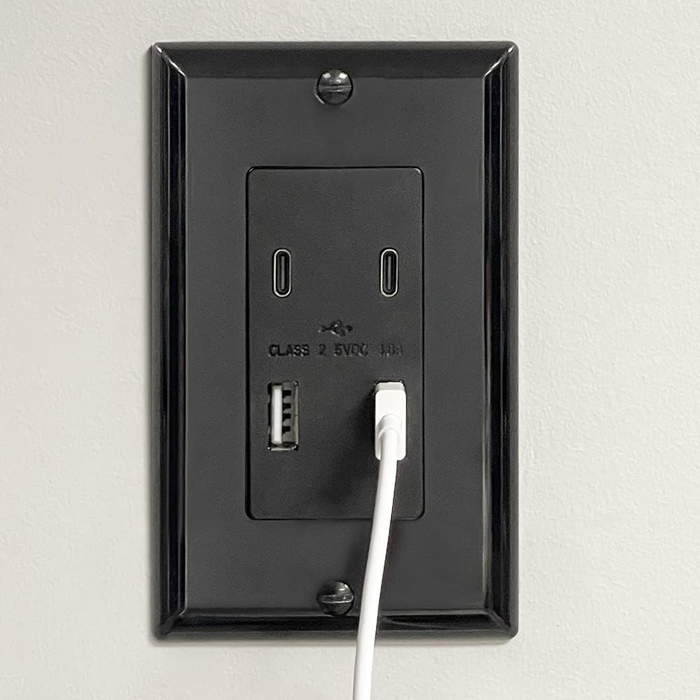 Maxxima USB Receptacle Outlet, 4.8A USB C/A USB Charging Ports, Black