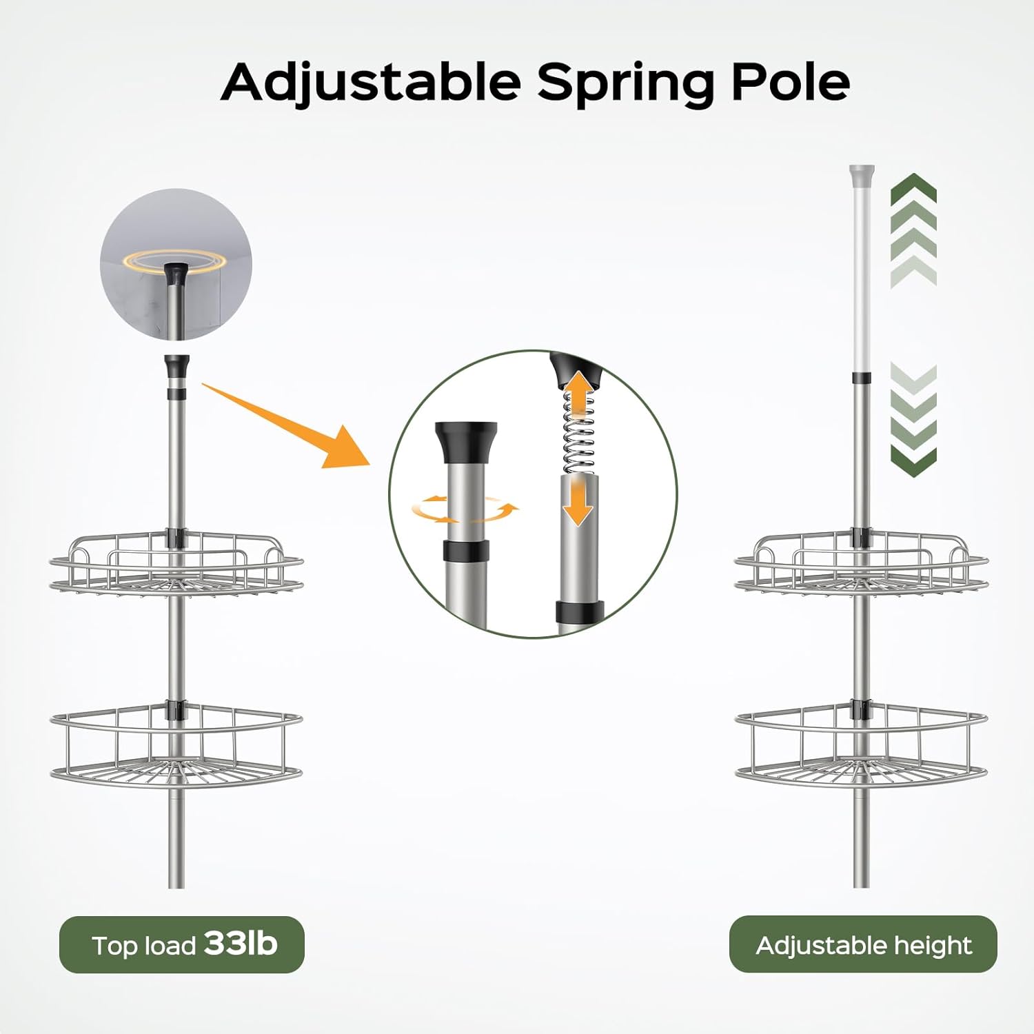 Corner Shower Caddy Tension Pole: 4-Tier Rust-Resistant Adjustable Bathroom Organizer Shelves - 47.72-123.6 Inch