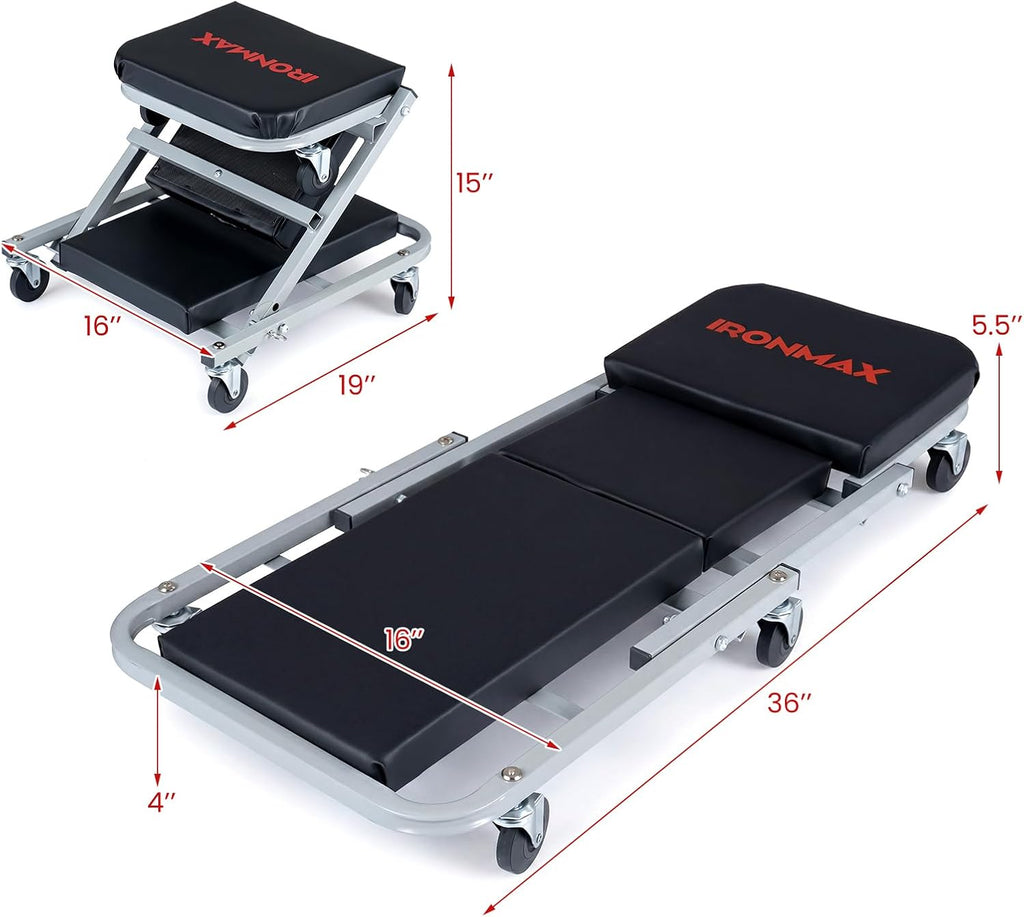 36" Folding Z Mechanic Creeper, 6 Swivel Wheels, 330 LBS Capacity