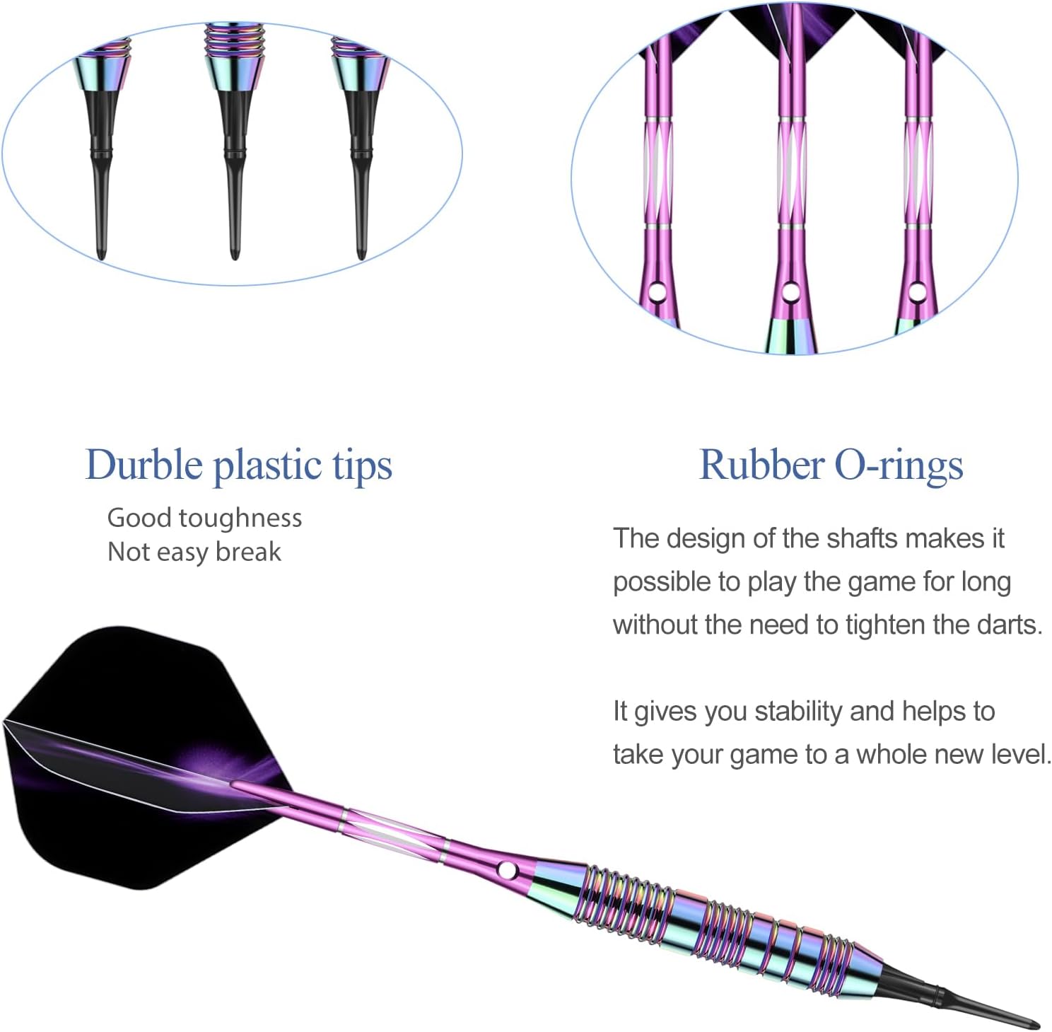 Darts Plastic Tip Set - 18g 21g Colorful Rainbow Soft Tip Darts 50 Anti-Loose O-Rings 6 Shaft (Aluminum/Nylon 45mm) 6