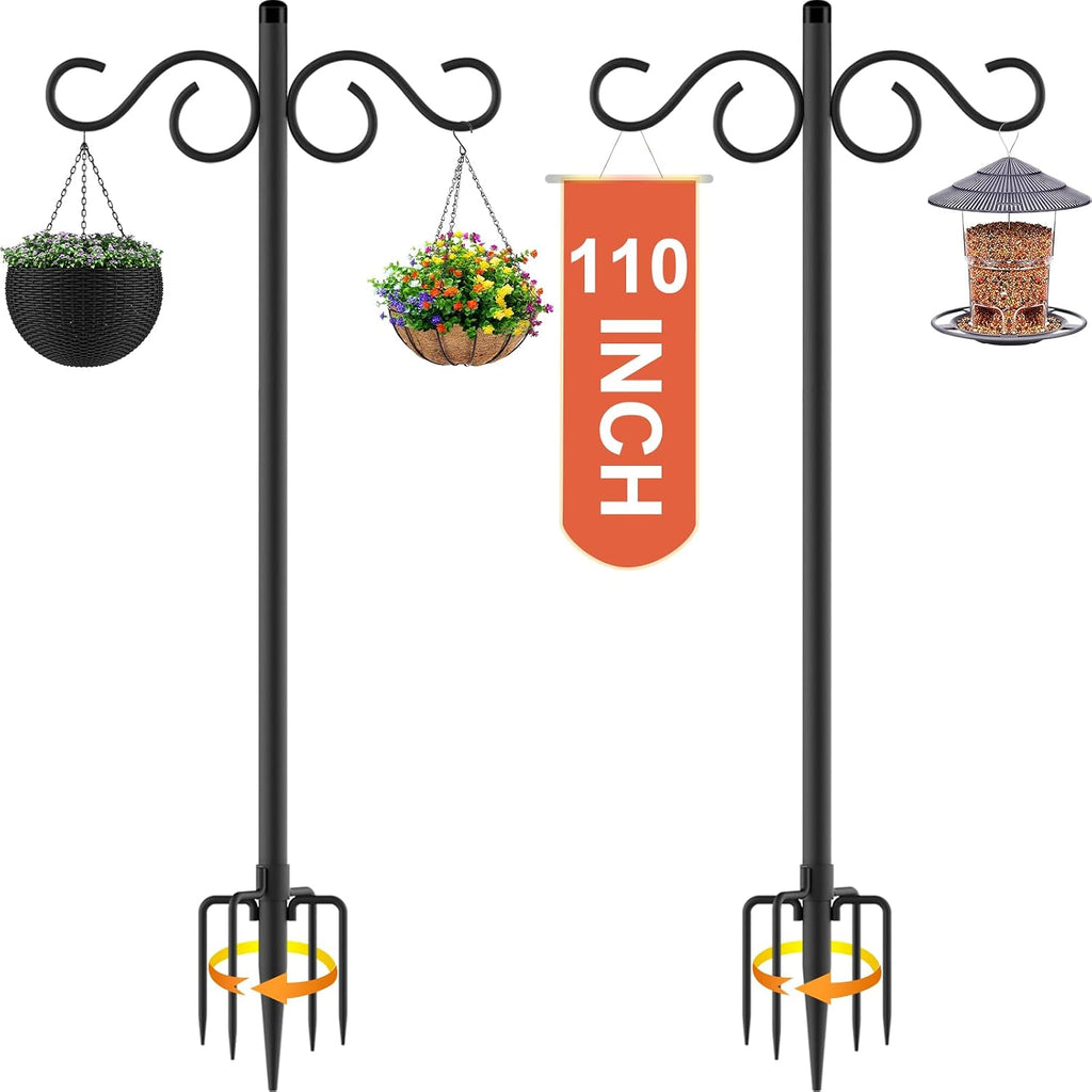 Double Shepherds Hooks for Outdoor,2 Pack 110Inch Bird Feeder Pole with 5 Prongs Base,Heavy Duty Shepherds