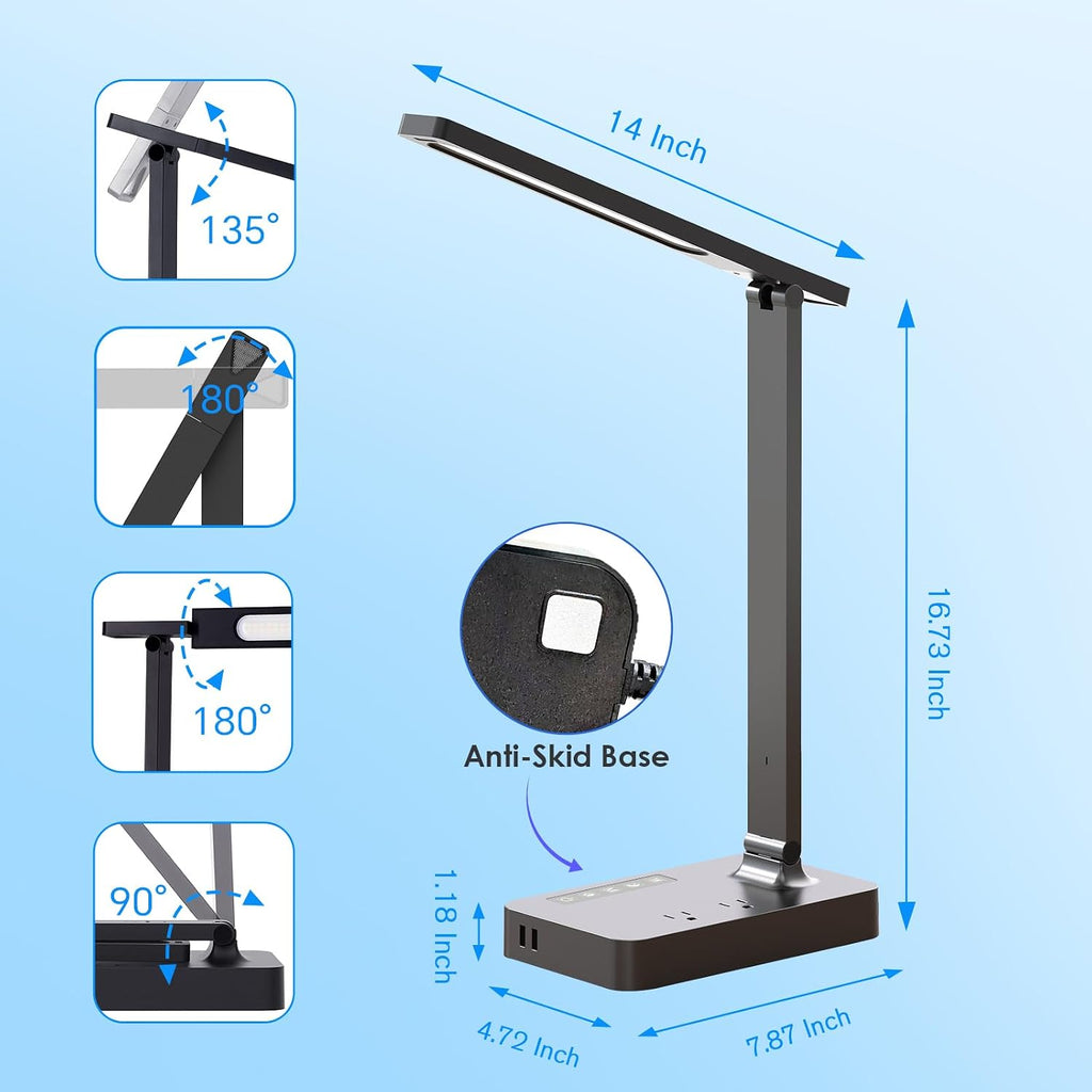 LED Desk Lamp with Power Strip: Table Lamp with Charging Station - 2 Outlets 1 USB-A Ports 1 Type-C Ports, Surge