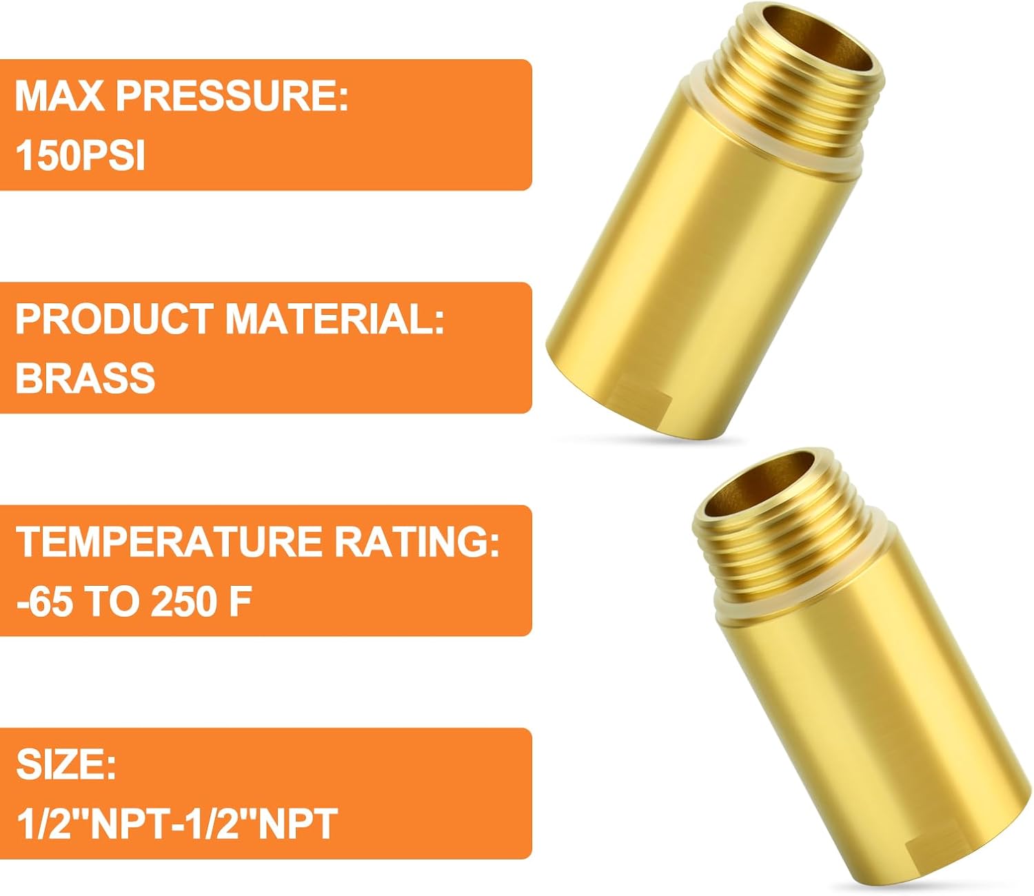 2Pcs Brass Pipe Plumbing Adapter with Rubber O-ring, 1/2" NPT Male x 1/2" NPT Female Pipe Fitting Coupler,Length 2 Inch