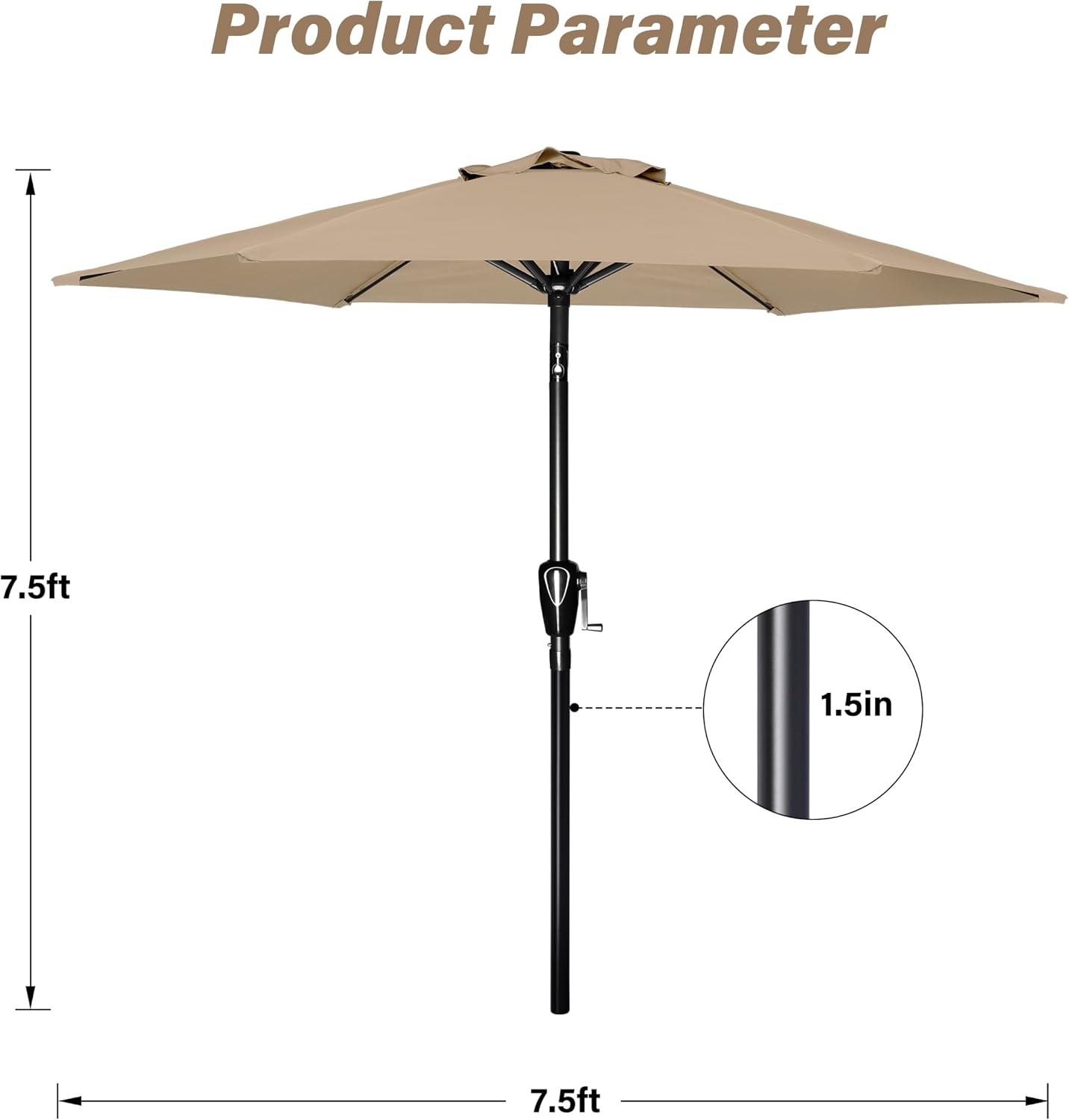 7.5ft Patio Umbrella with Push Button Tilt/Crank, Outdoor Table Market Yard Umbrella, 6 Sturdy Ribs for Garden, Deck