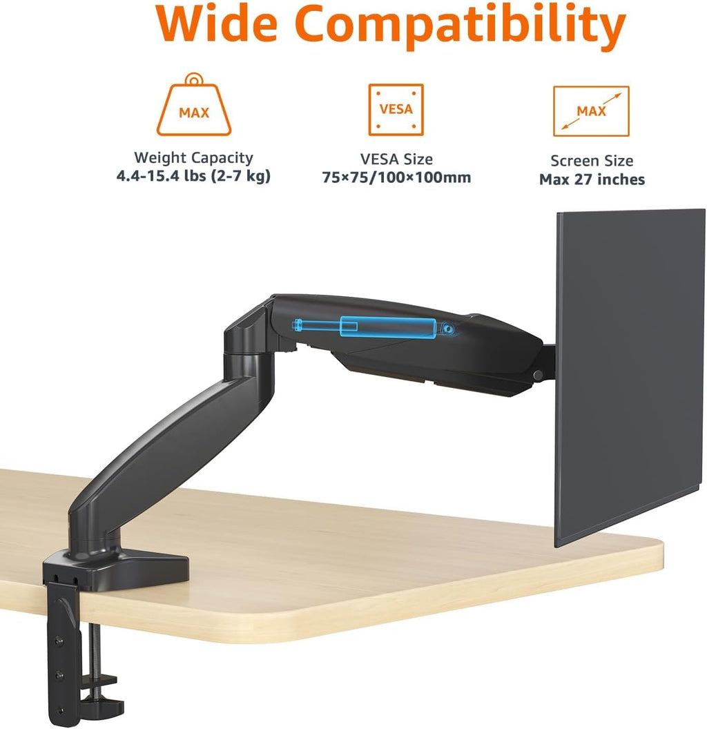 Gas Spring Single Monitor Arm Desk Mount, Adjustable Tension, Fits 15–27 Inch Monitors, Supports 4.4–15.4 lbs, VESA