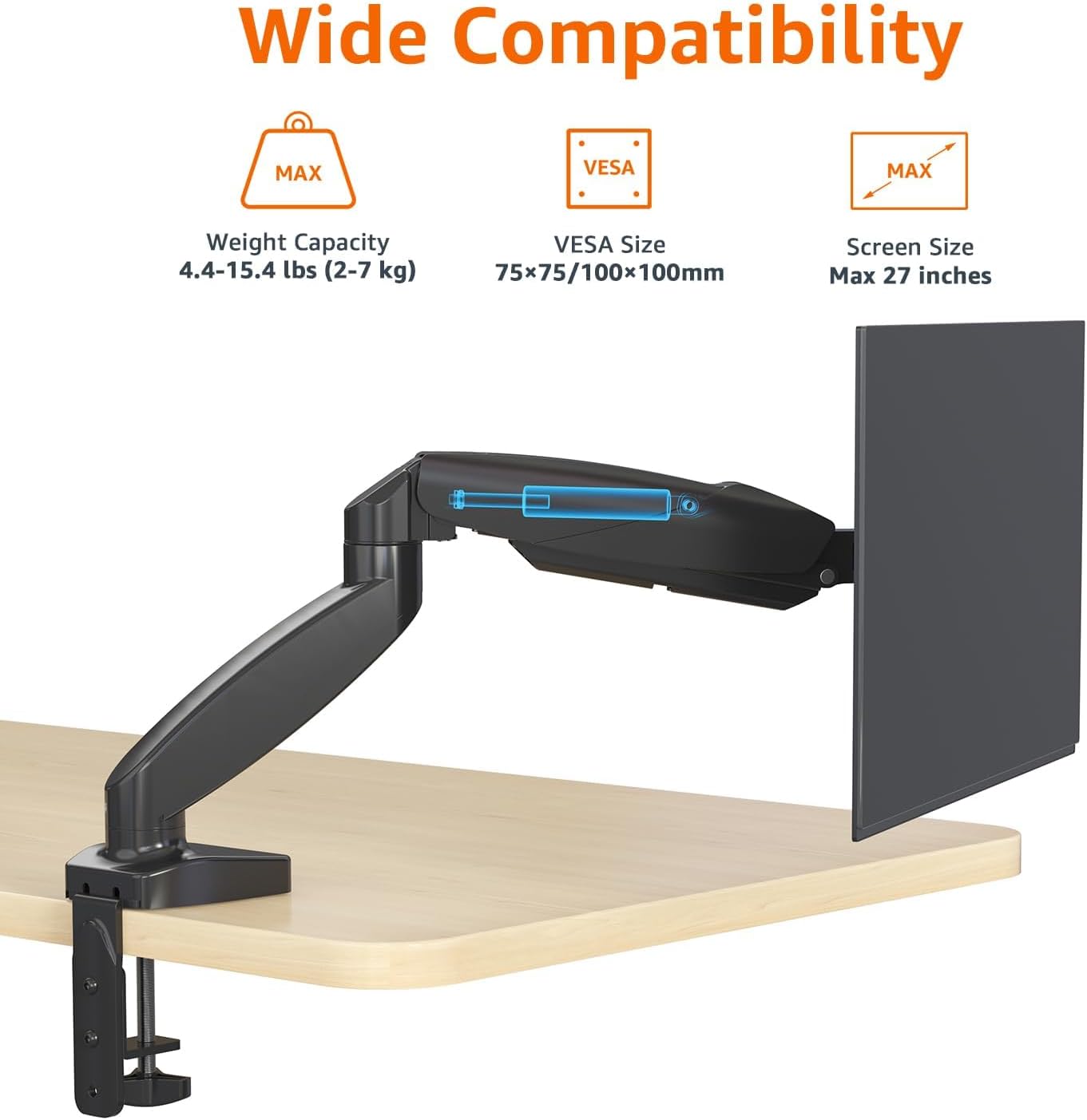 Gas Spring Single Monitor Arm Desk Mount, Adjustable Tension, Fits 15–27 Inch Monitors, Supports 4.4–15.4 lbs, VESA