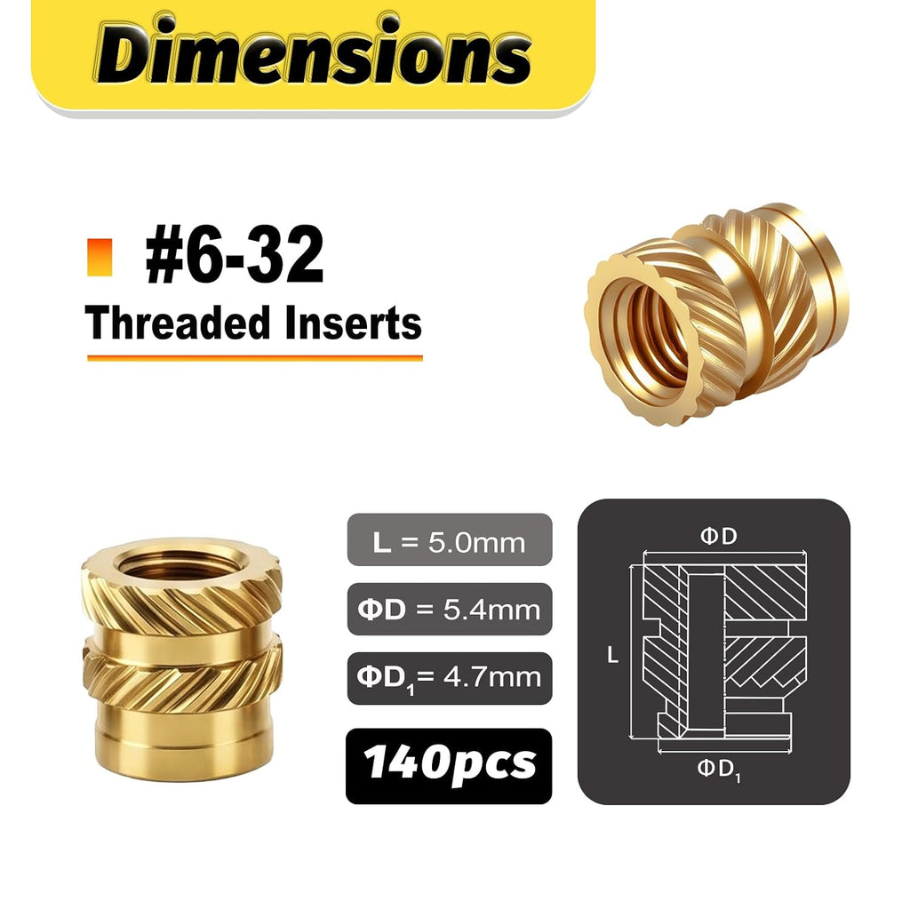 150Pcs #6-32 * 4 * 5.4 Threaded Inserts, #6-32 Heat Set Inserts, Brass Heat Set Insert for Plastic and 3D Printing Components