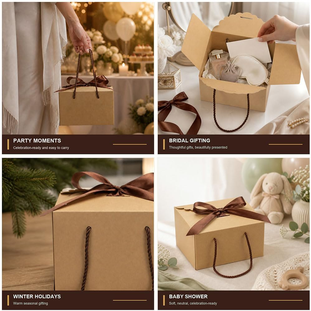 Brown Kraft Gift Box with Handle & Ribbon, 6 Pack 8 x 6 x 5 in