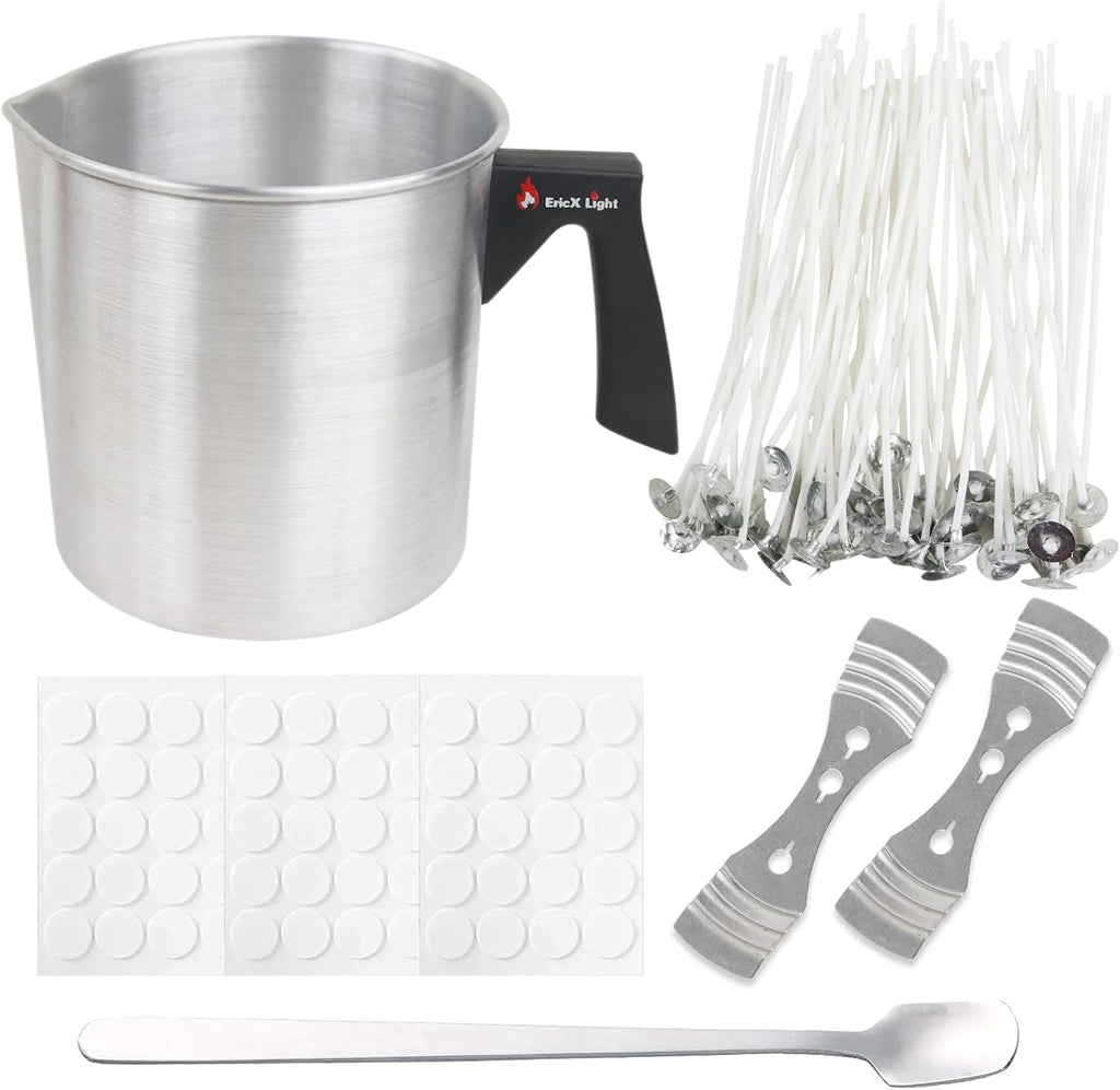Candle Making Kit, 60pcs Candle Wicks, 60pcs Candle Wicks Sticker, 1pc Candle Wax Pouring Pot, 2pcs 3-Hole Wicks