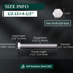 1/2-13 x 4-1/2" Hex Head Bolts Screws, 304 Stainless Steel 18-8, Fully Threaded, Hexagon Head Cap Bolts Screws, Coarse Thread UNC, 5 PCS