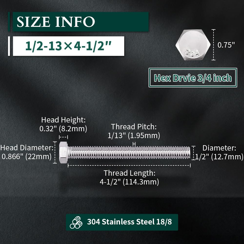 1/2-13 x 4-1/2" Hex Head Bolts Screws, 304 Stainless Steel 18-8, Fully Threaded, Hexagon Head Cap Bolts Screws, Coarse Thread UNC, 5 PCS