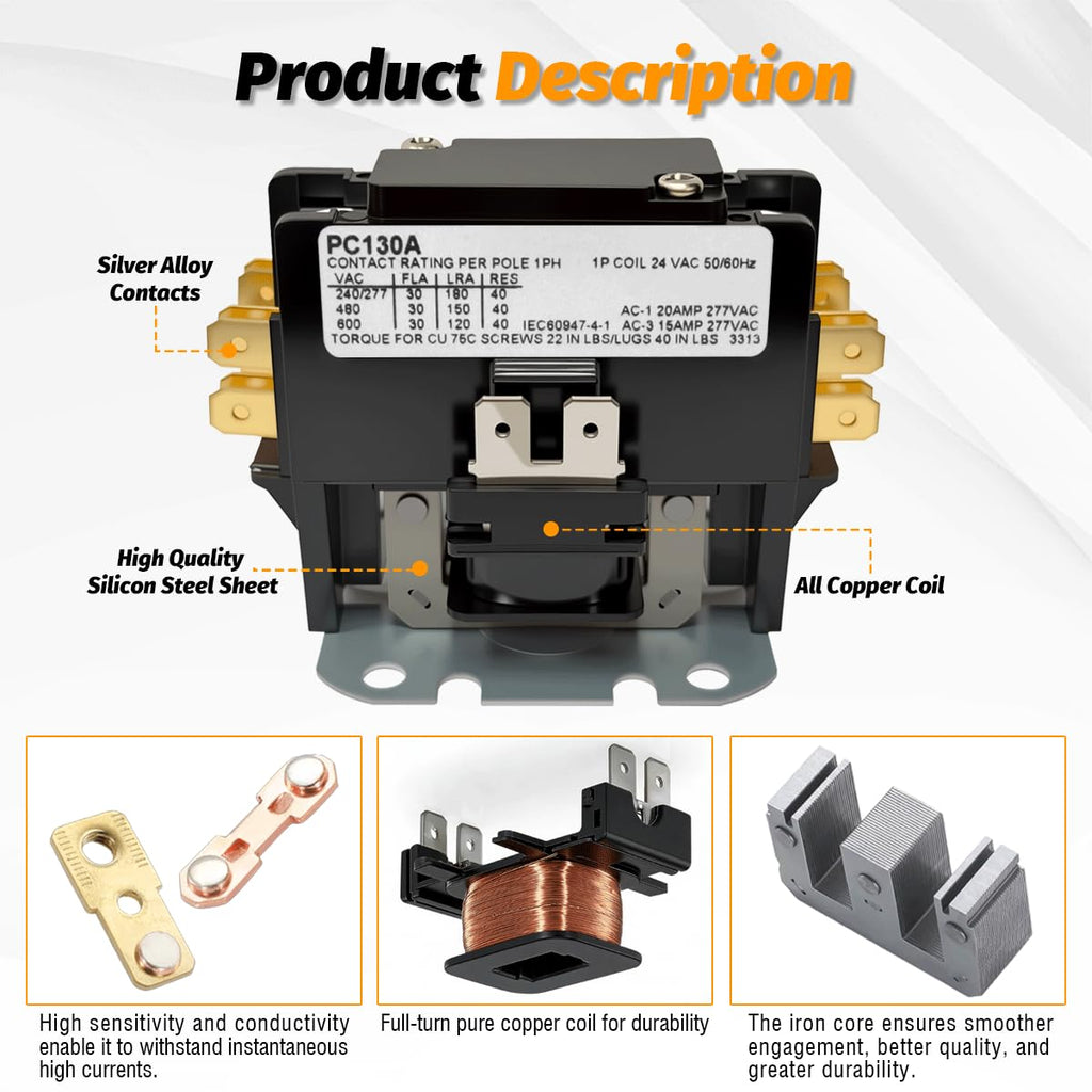 PC130A HVAC Contactor Single One 1 Pole 30 Amps 24 Volts for A/C Heat Pump