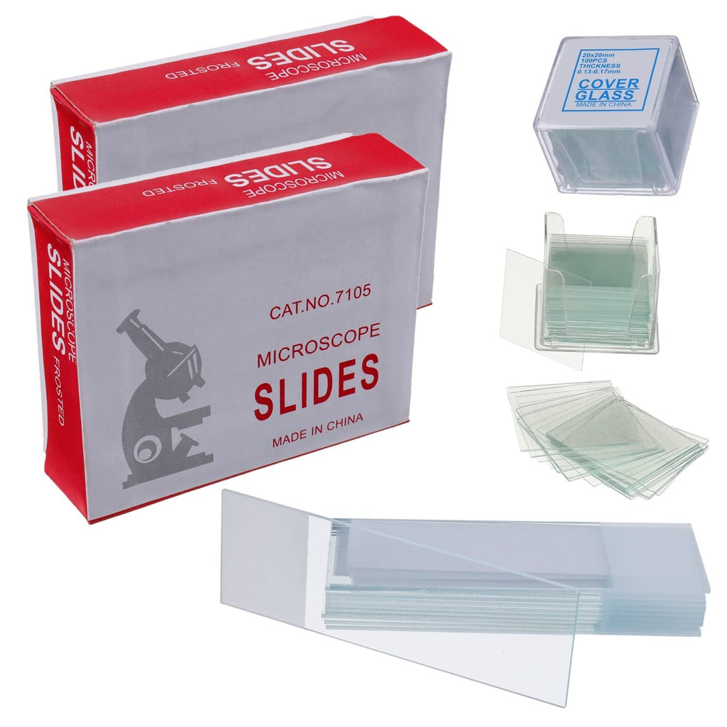 100 Pcs Pre-Cleaned Microscope Slides with Ground Edge and 200 Pcs Pre-Cleaned Microscope Cover Glasses with 4