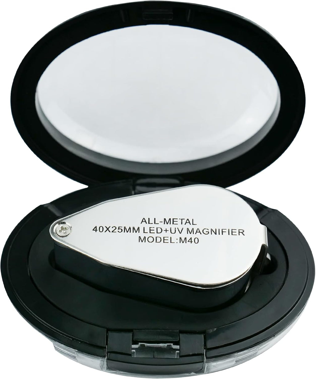 40X Jewelers Loupe with Light, UV Lighted Magnifying Glass Eye Loop, LED Illuminated Metal Pocket Magnifier for
