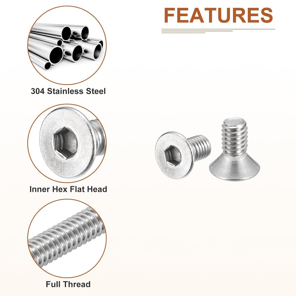 DTGN #10-32x3/8 Flat Head Socket Cap Screws 20Pack 304 SS Full Thread