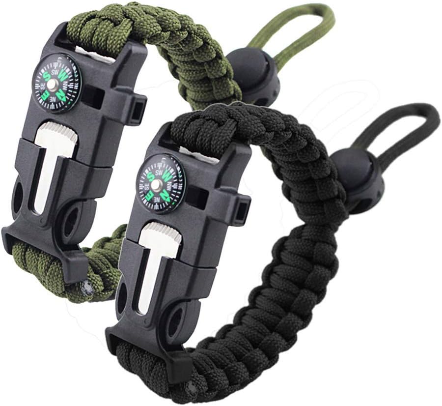 Survival Paracord Bracelet Flint Fire Starter Scraper Compass Wilderness Survival Whistle Adjustable Wristband 2Pack