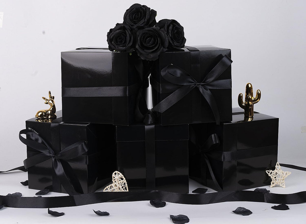 5 Pack Black Gift Boxes with Lids, Ribbons and Tissue Papers Square Gift Boxes - 7.1 Inch - Birthday, Wedding