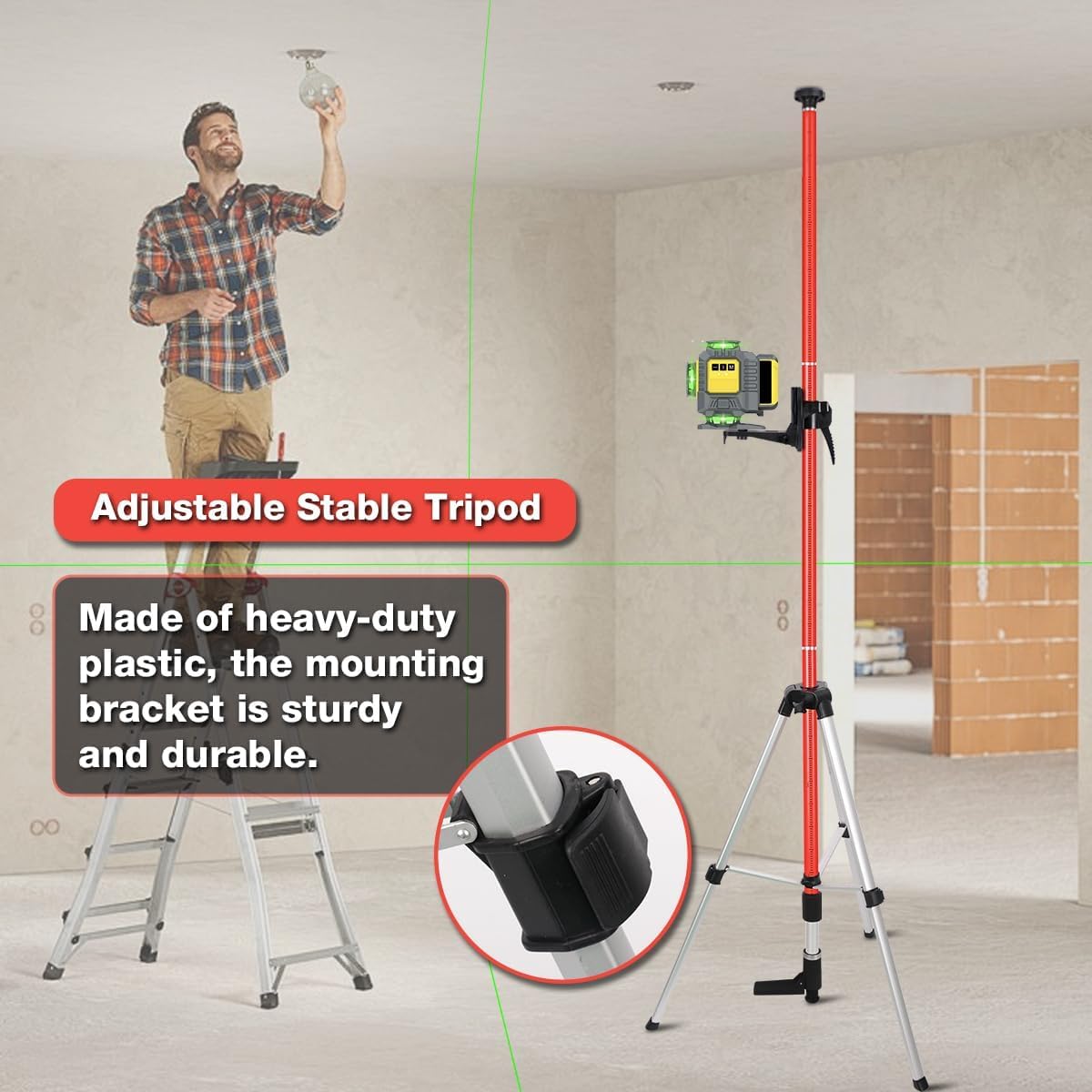 12 Ft./3.7M Telescoping Laser Level Pole, Adjustable Laser Pole with Tripod, 1/4"-20 and 5/8"-11 Threaded Adapter of