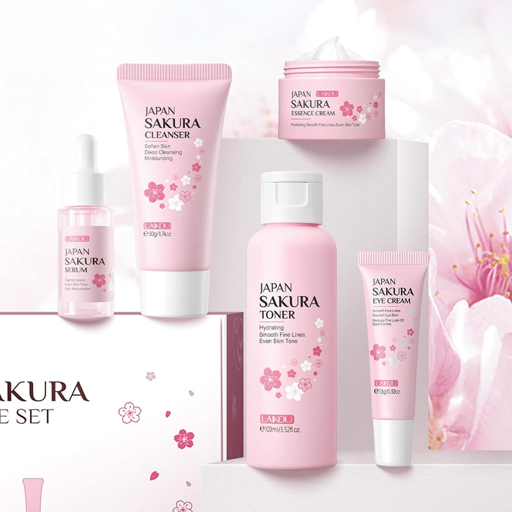 Skin Care Set JAPAN SAKURA Women Beauty Gift Sets Skin Care Kit with Cleanser, Toner, Serum, Eye Cream, Face Cream