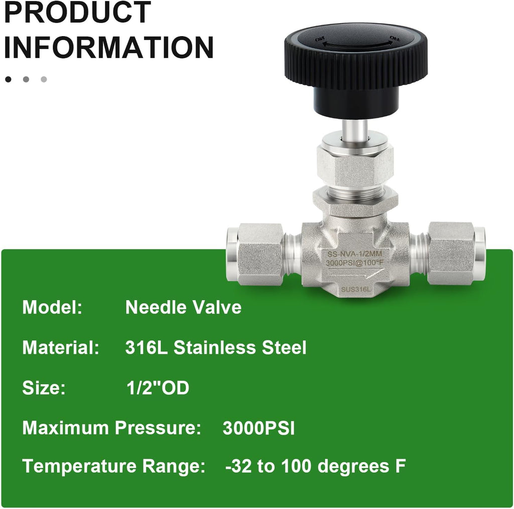 TAISHER 1PCS 316 SS Compression Tube Straight Needle Valve 1/2" OD