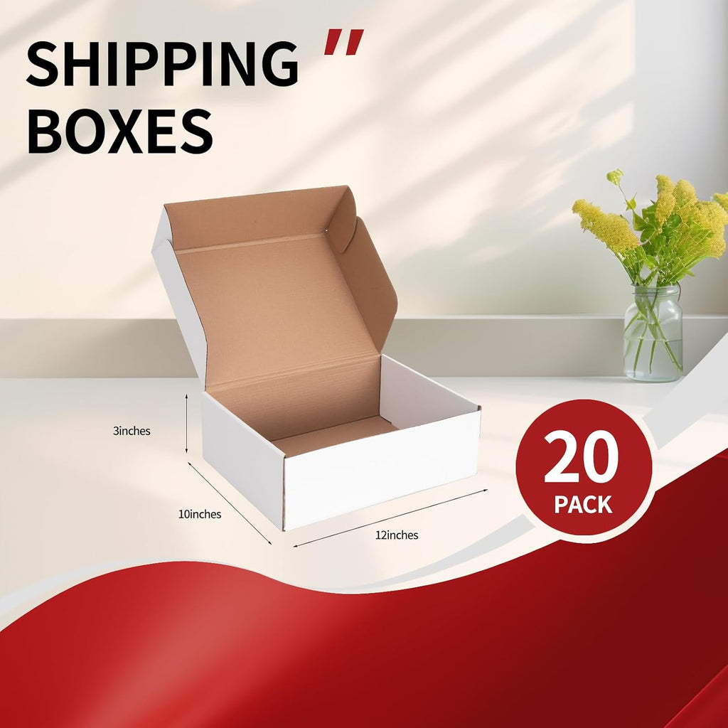 12x10x3 Inches Shipping Boxes Set of 20, Large Corrugated Cardboard Boxes, White Mailer Box for Small Business