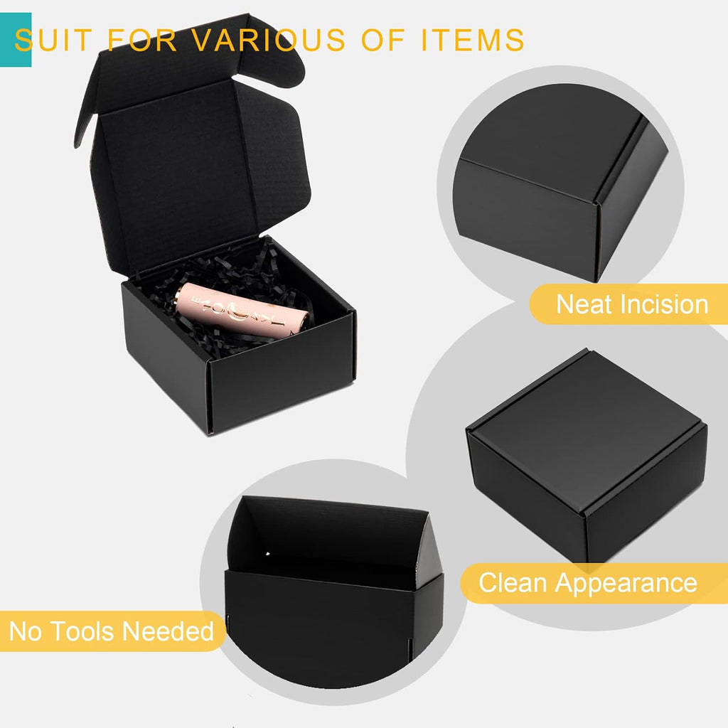 4x4x2" Black Shipping Boxes Small Corrugated Cardboard Box 24 Pack | Tab Locking Literature Mailer Flat Empty Gift
