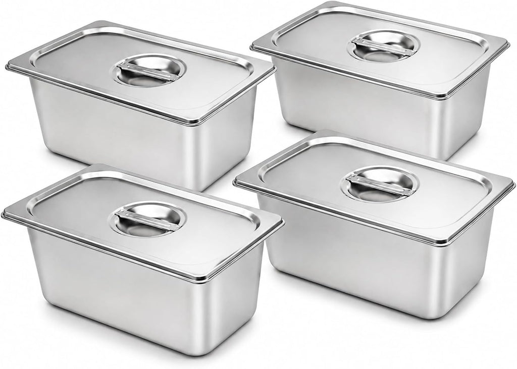 Hotel Pans with Lids,4 Pack 1/3 Size 6"Deep Stainless Steel Steam Table Pan